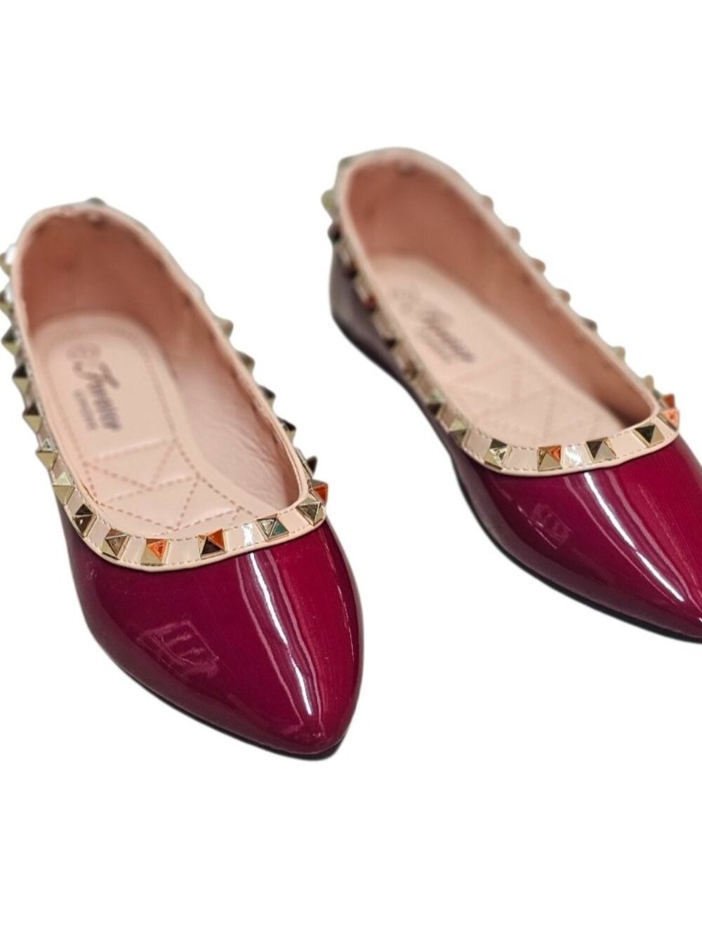 Studded Burgundy Patent Leather Flats With Pointed Toe & Quilted Insole - Picture 2 of 12